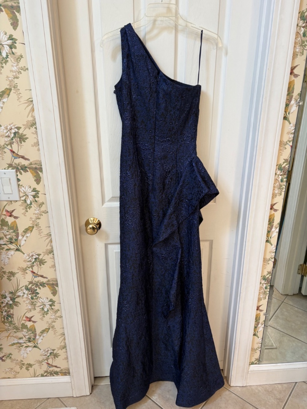 Teri Jon by Rickie Freeman Metallic One Shoulder Jacquard Gown Size 2 Black Blue - Picture 6 of 10